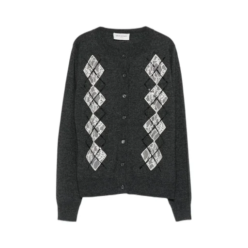 Lace-Panels Argyle-Pattern Cardigan
