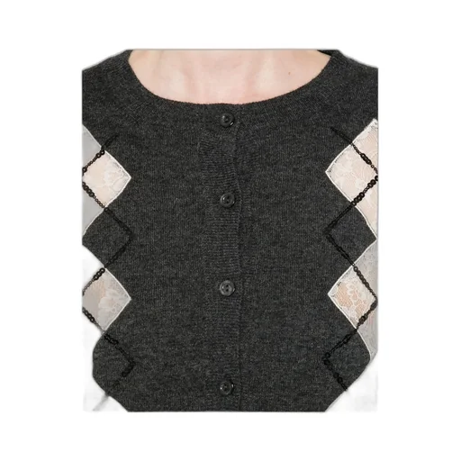 Lace-Panels Argyle-Pattern Cardigan