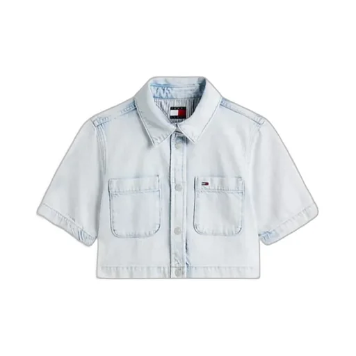 Relaxed Cropped Short Sleeve Lightweight Denim Shirt