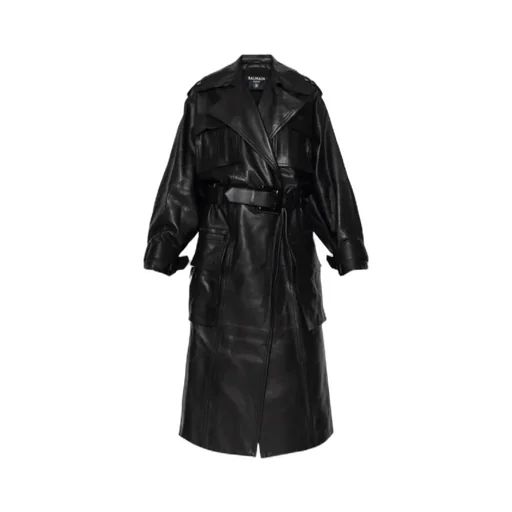 Balmain Belted Waist Leather Coat