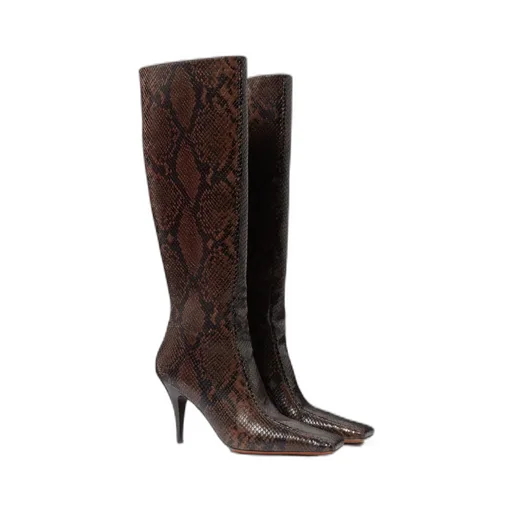 Square-Toe Snake Knee-High Stiletto Boots
