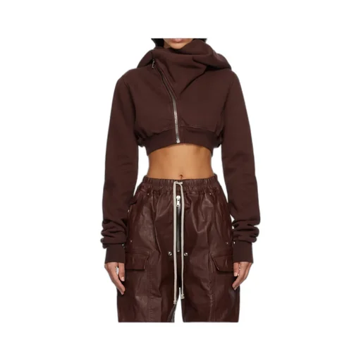 Cowl-Neck Zip-Front Cropped Sweatshirt