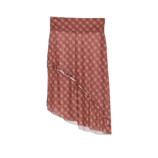Button-Detail Plaid Skirt