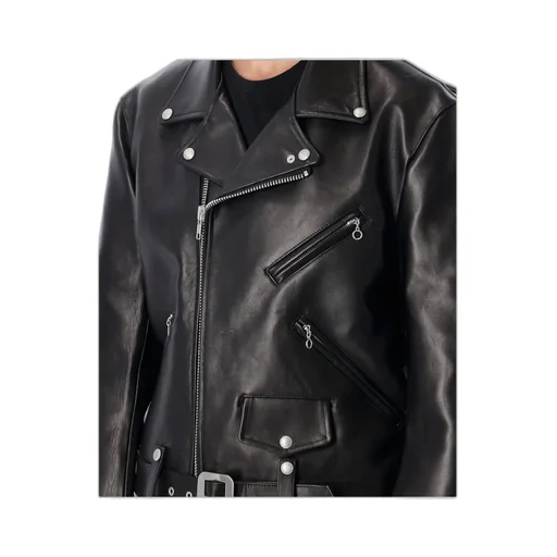 Zippered Long-Sleeved Leather Jacket