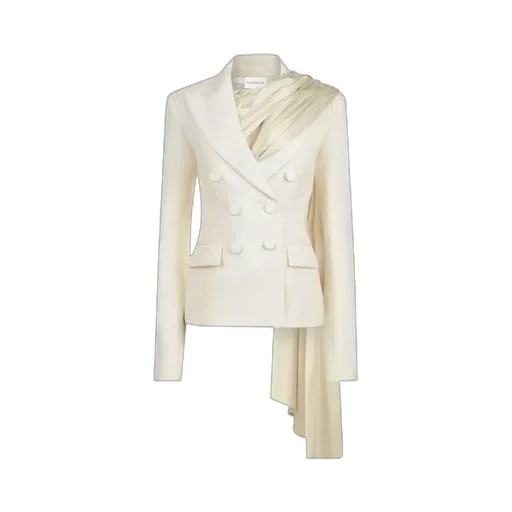 Draped-Scarf Double-Breasted Blazer