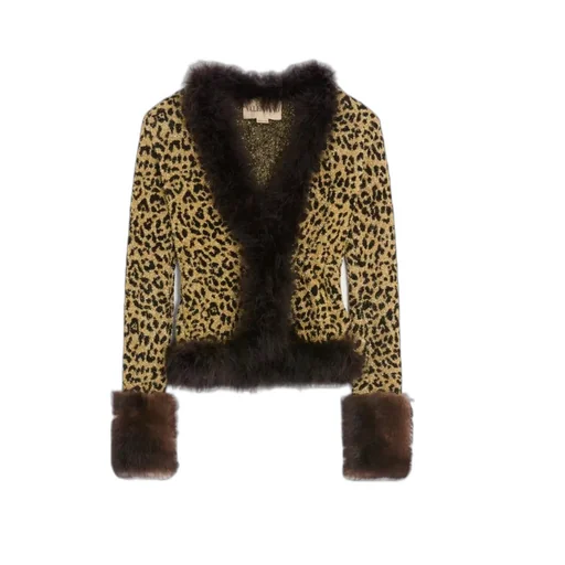 Animal-Print Feather-Trimmed Cardigan