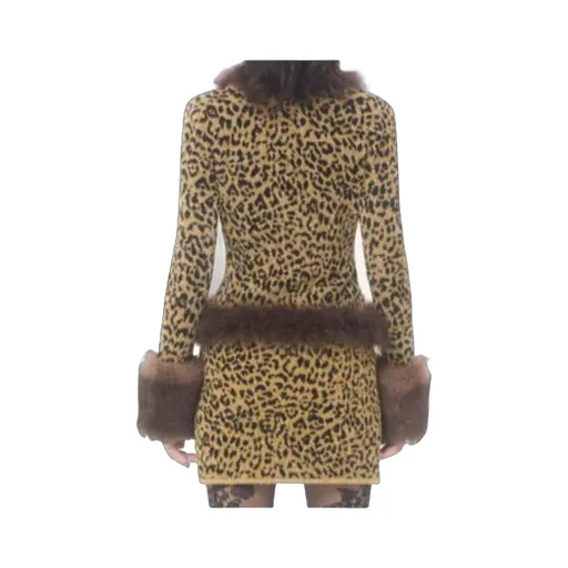 Animal-Print Feather-Trimmed Cardigan