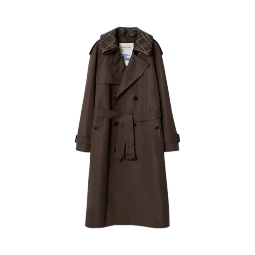 Long Check Collar Silk Cotton Trench Coat