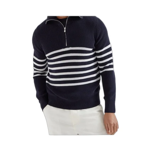 Brunello Cucinelli Half-Zip English Rib Striped Jumper