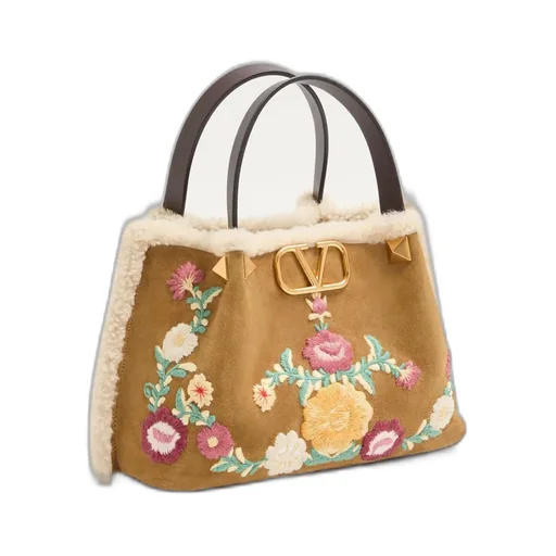 Small Embroidered-Flowers Suede Tote Bag