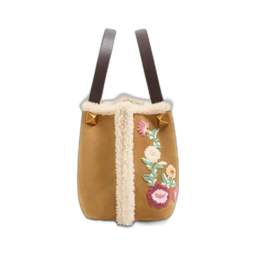 Small Embroidered-Flowers Suede Tote Bag