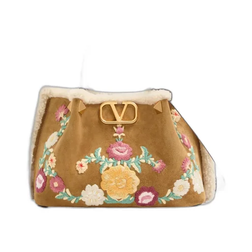 Small Embroidered-Flowers Suede Tote Bag