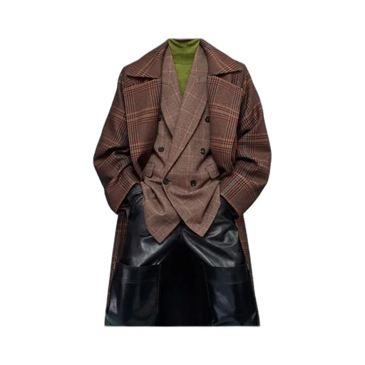 Saint Laurent Checked Belted Long Coat