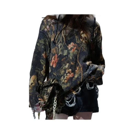 R13 Graphic-Print Distressed Jumper