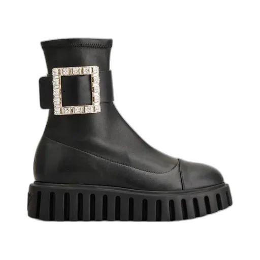 Viv' Go-Thick Rhinestone Buckle Stretch Ankle Boots In Soft Leather