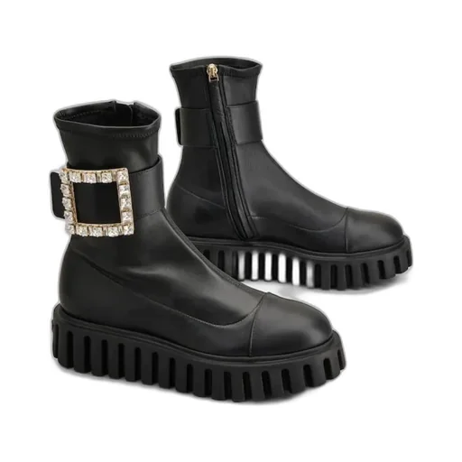 Viv' Go-Thick Rhinestone Buckle Stretch Ankle Boots In Soft Leather