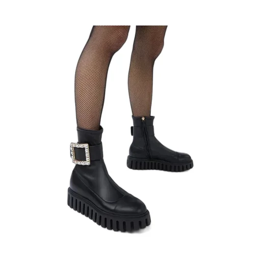 Viv' Go-Thick Rhinestone Buckle Stretch Ankle Boots In Soft Leather