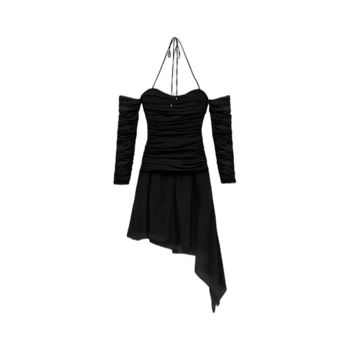 Gathered-Detail Sheer Asymmetric Dress
