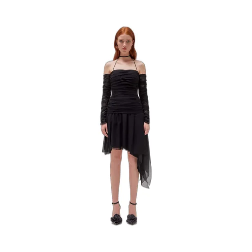 Gathered-Detail Sheer Asymmetric Dress
