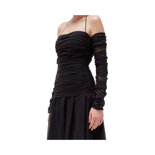 Gathered-Detail Sheer Asymmetric Dress