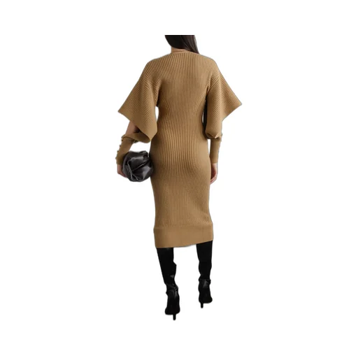 Digged Cut Tape Embellished Ribbed Mid-Length Dress
