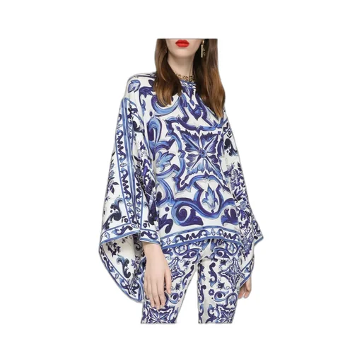 Dolce & Gabbana Majolica-Print Round Neck Charmeuse Blouse