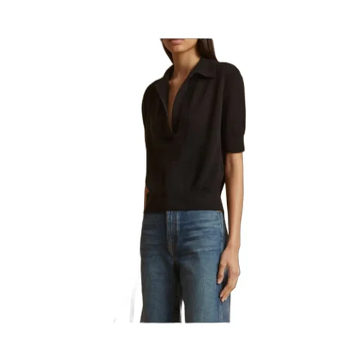 Khaite Jo Short-Sleeved Plunging V-Neck Polo Top