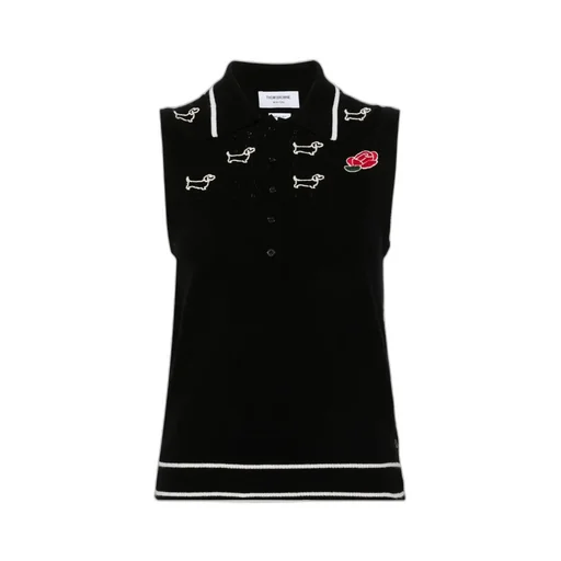 Thom Browne Hector-Embroidered Knitted Polo Top