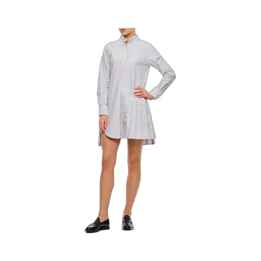Thom Browne Button-Up Pleated Striped Shirt Dress