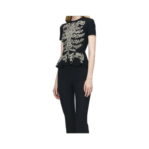 Lace Ribcage Jacquard Peplum Top In Black