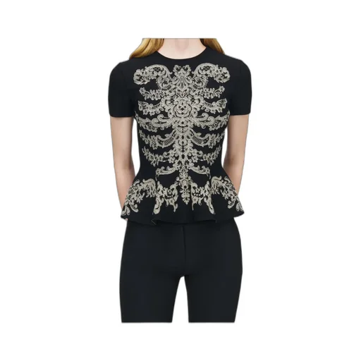 Lace Ribcage Jacquard Peplum Top In Black