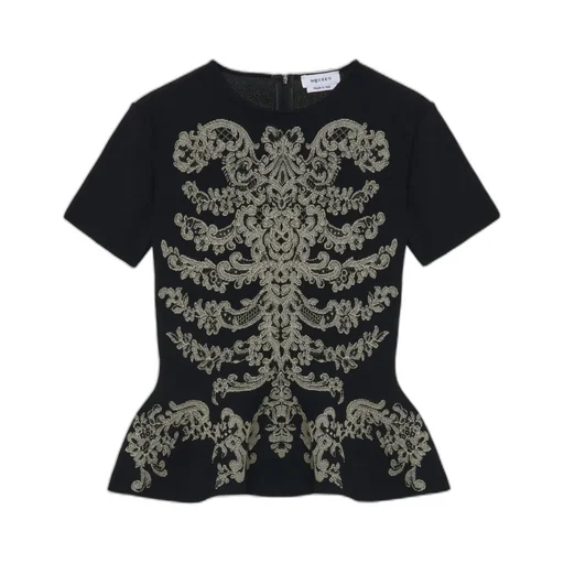 Lace Ribcage Jacquard Peplum Top In Black