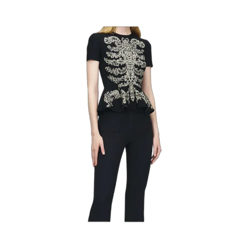 Lace Ribcage Jacquard Peplum Top In Black