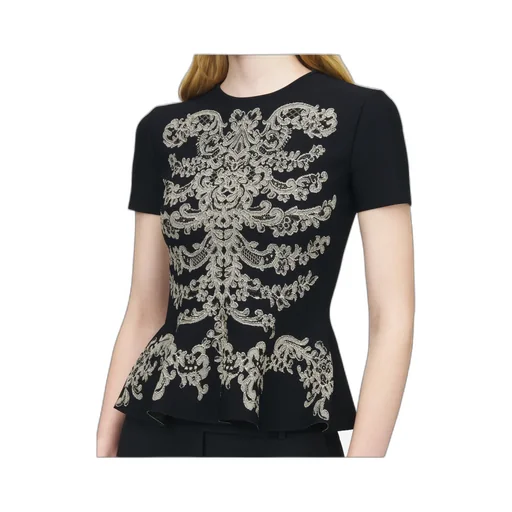 Lace Ribcage Jacquard Peplum Top In Black