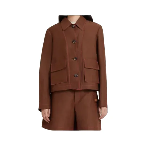 Brown Viscose-Ramie Jacket With Cargo Pockets