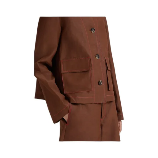 Brown Viscose-Ramie Jacket With Cargo Pockets
