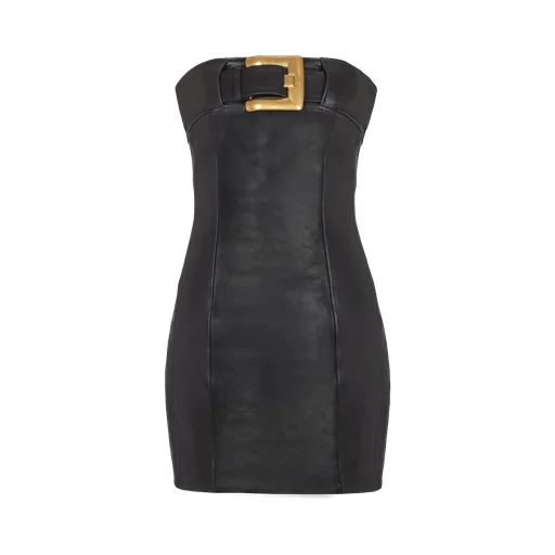 Balmain Belted Strapless Leather Dress