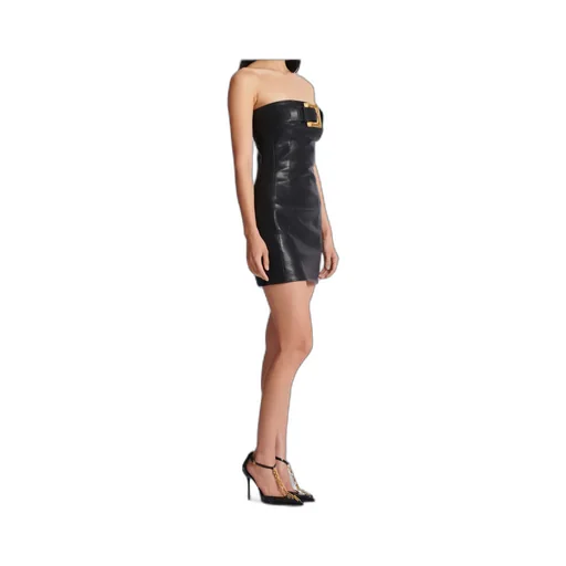 Balmain Belted Strapless Leather Dress
