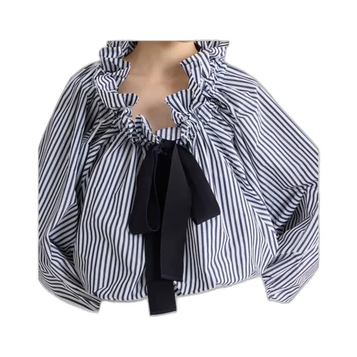 Striped Ruffled-Neck Bow-Tie Blouse