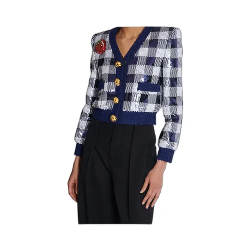 Cropped Jacket In Gingham Sequins