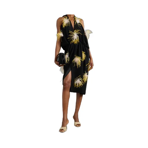 Asymmetric Feather Trim Pleated Crepe DÉColletage Dress