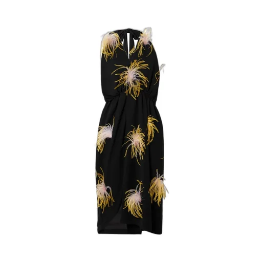 Asymmetric Feather Trim Pleated Crepe DÉColletage Dress