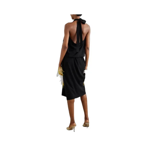 Asymmetric Feather Trim Pleated Crepe DÉColletage Dress