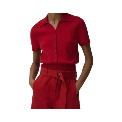Short-Sleeve Buttoned Cropped Sweater In Red
