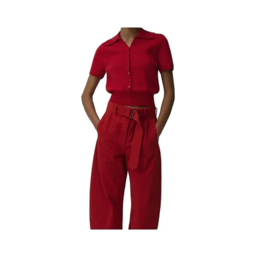 Short-Sleeve Buttoned Cropped Sweater In Red