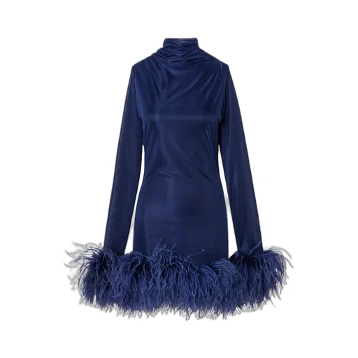 Luna Feather-Trimmed Stretch-Jersey Turtleneck Mini Dress
