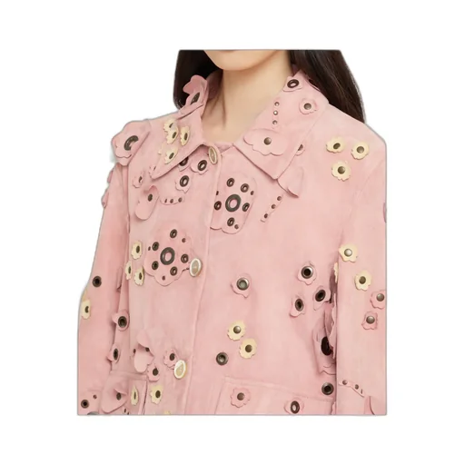 Pink Suede Jacket With Flower AppliquÉS