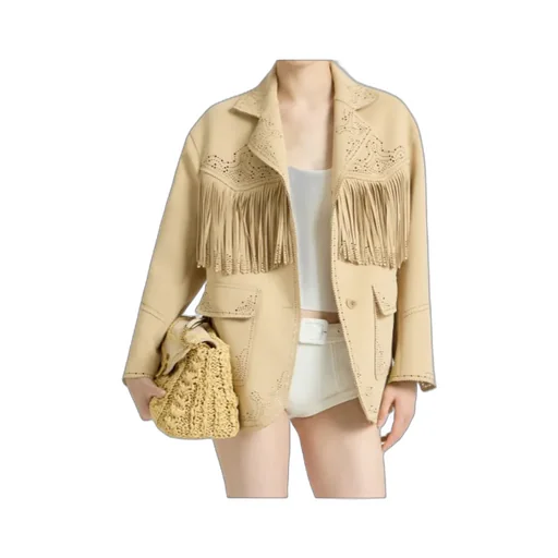 Single-Breasted Cadì Jacket With Fringes And Broguing