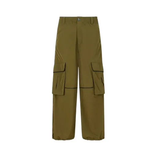Green Crinkled Nylon Cargo Trousers With Contrast Piping