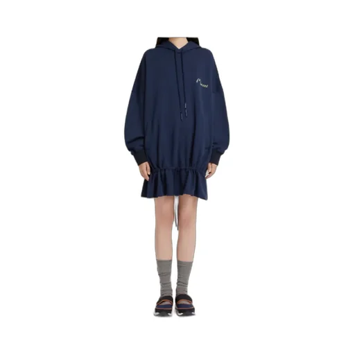 Marni Drawstring Ruffled Hooded Sweatshirt Dress